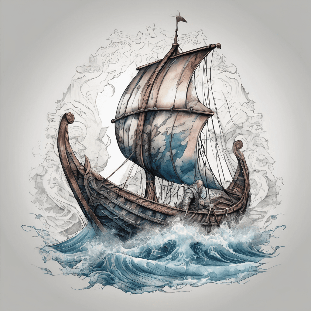 Viking warrior and Viking ship. Oceania waves.