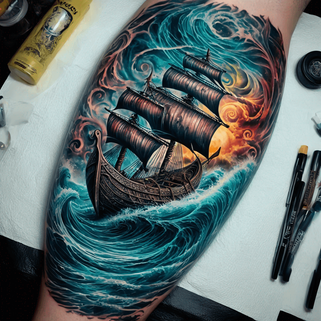Viking warrior boat waves.