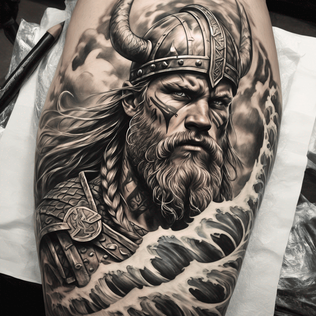 Viking warrior,ship in waves.