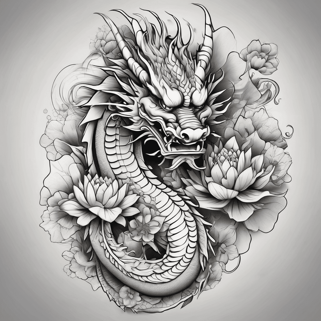Japanese dragon with Lotus Flowers.