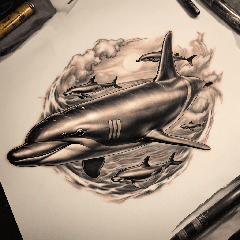US Navy submarine Dolphins insignia tattoo, crisp black linework, gray shading, metallic gold highlights, subtle weathering, chest/arm design