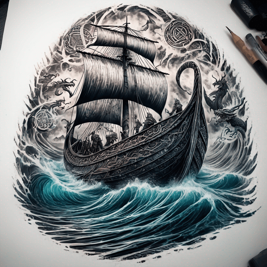 Viking longship with dragon-prow, billowing sails, runic carvings, sea waves, bold blackwork and fine-line shading, high-contrast, illustrative tattoo