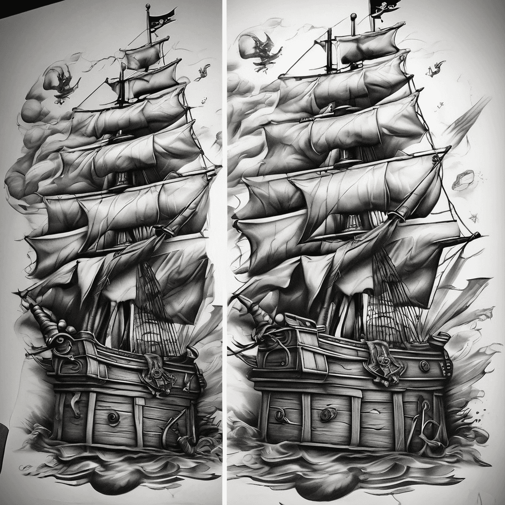 Pirate Captain, Davy Jones Locker Com. ma. Sea battle. cannons. Right leg calf, Pirateship. Treasure chest