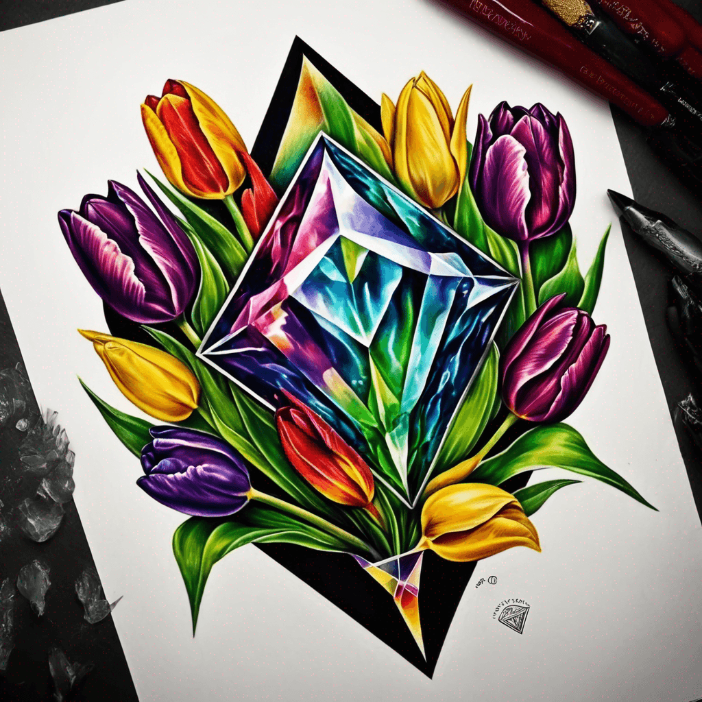 February's birthstone Diamond. and Birthstone Diamon The 2 purple yellow green and dark red tulip. for November and birthstone Diamond. for August. 5 Flowers. five colors five Tulip flowers Tulips,