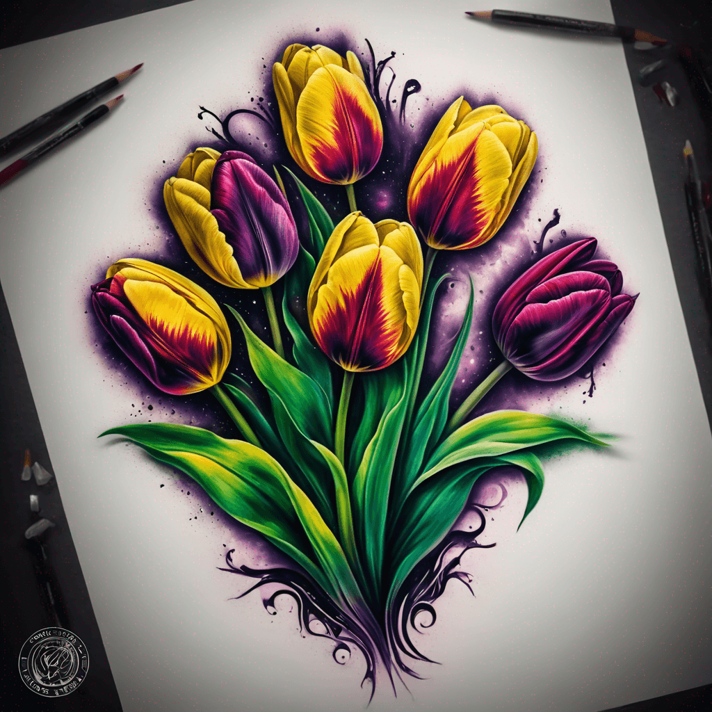 The 2 purple 1 yellow 1 green and 1 dark red tulip. five tulip flowers