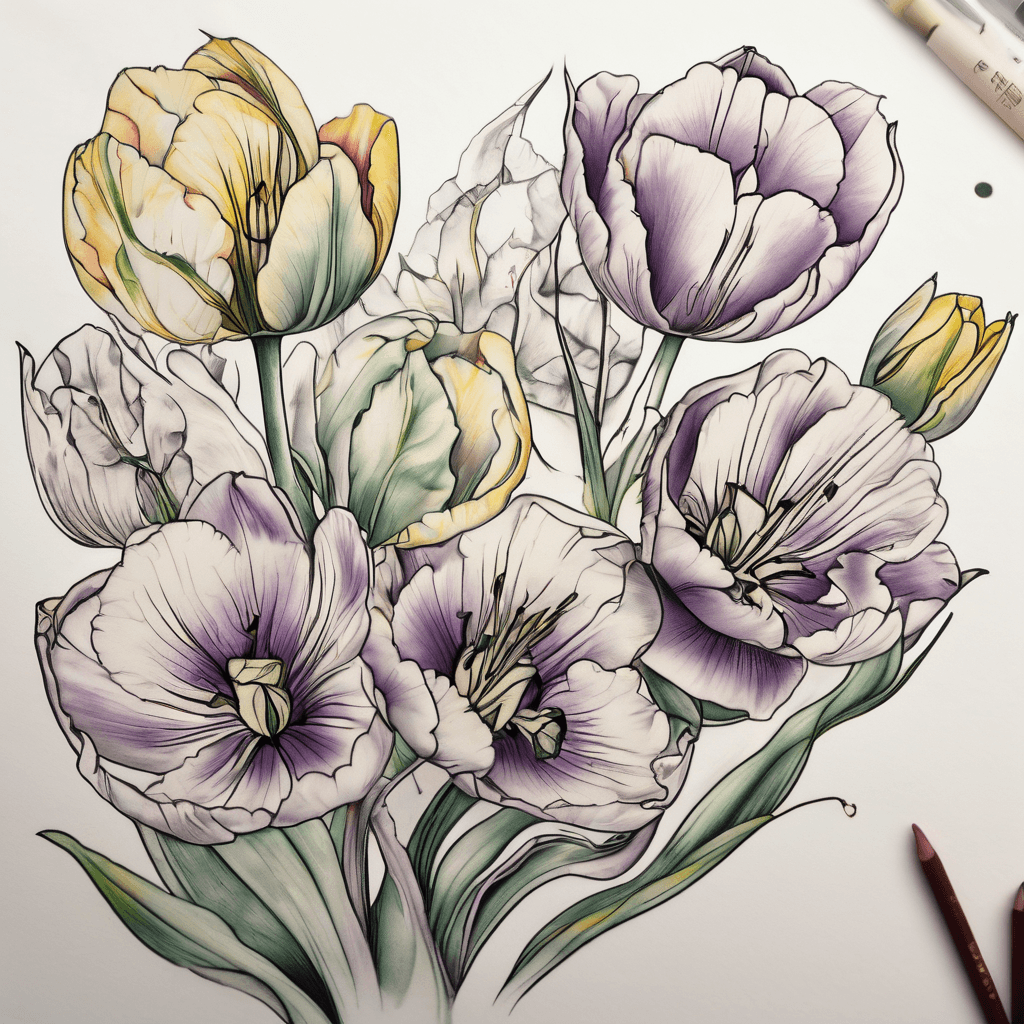 Must have Five tulips 2 purple, 1 yellow, 1 green, 1 dark red), botanical fine-line tattoo: delicate stems & leaves, soft watercolor gradients, crisp outlines