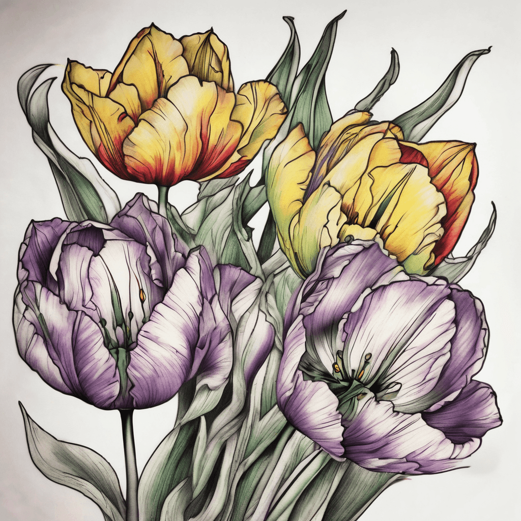 Must have Five tulips 2 purple, 1 yellow, 1 green, 1 dark red), botanical fine-line tattoo: delicate stems & leaves, soft watercolor gradients, crisp outlines