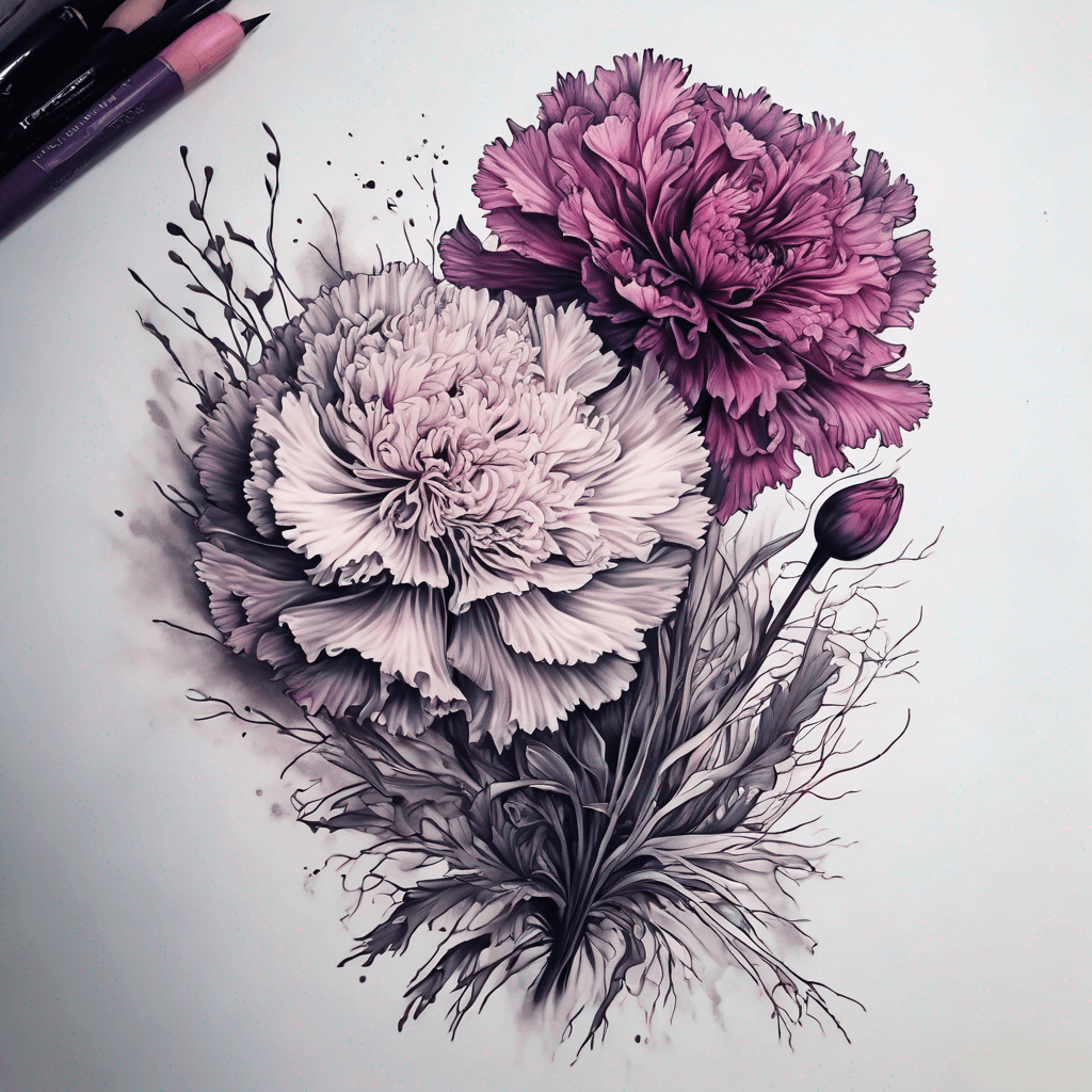 Fine-line botanical tattoo: carnation, violet, gladiolus, chrysanthemum bouquet; black & grey, delicate shading, negative space, botanical realism.