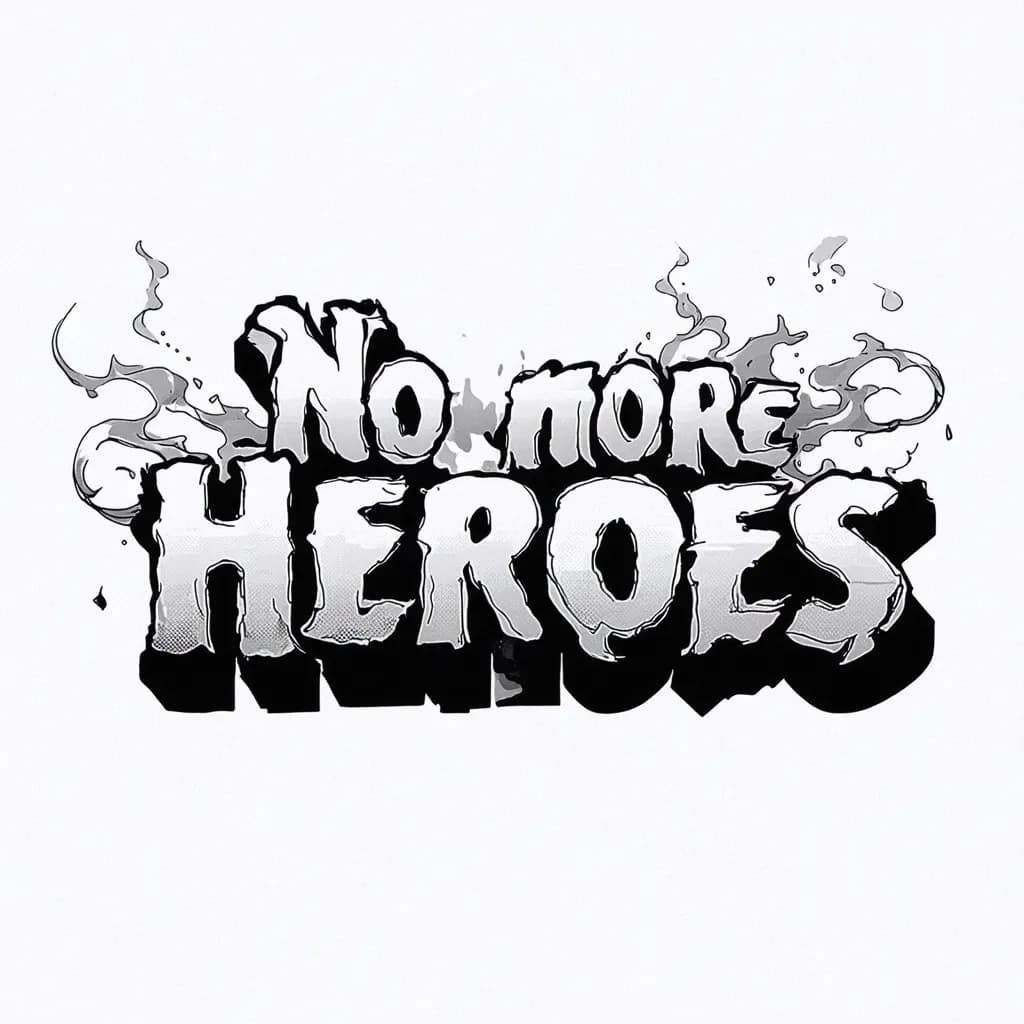 "No more heroes" in trippy style font with smoke lines surrounding the text