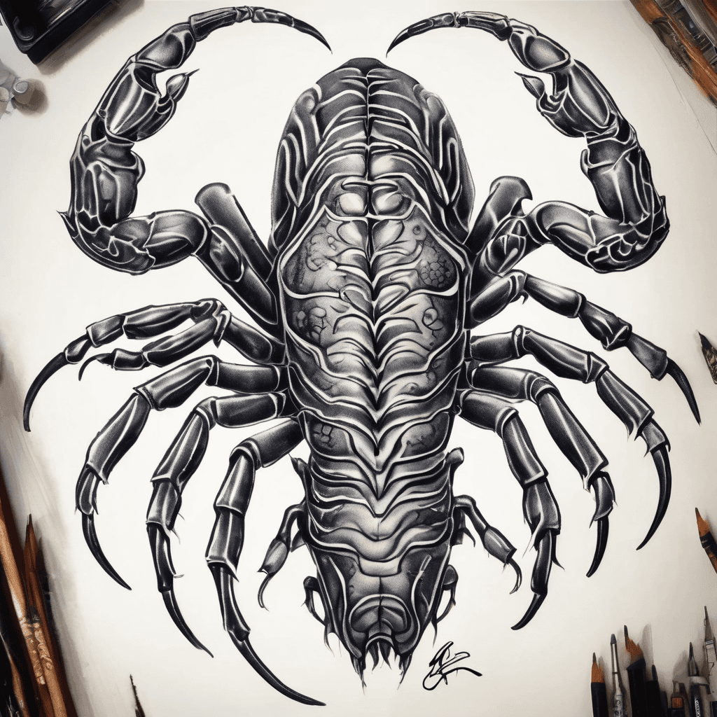 Symmetrical large scorpion tattoo, tribal-art linework, spans neck-shoulders-pecs-abs-obliques, follows muscles, morphs into flowing water waves