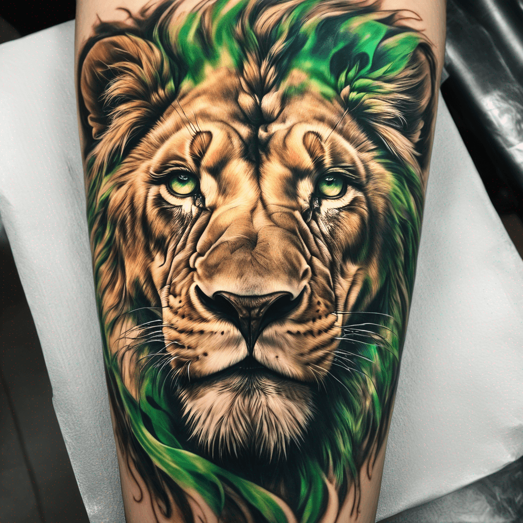 lion with water fire green eyes