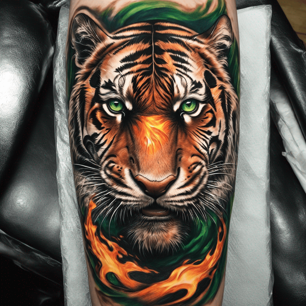 tiger, with water ,fire ,green eyes