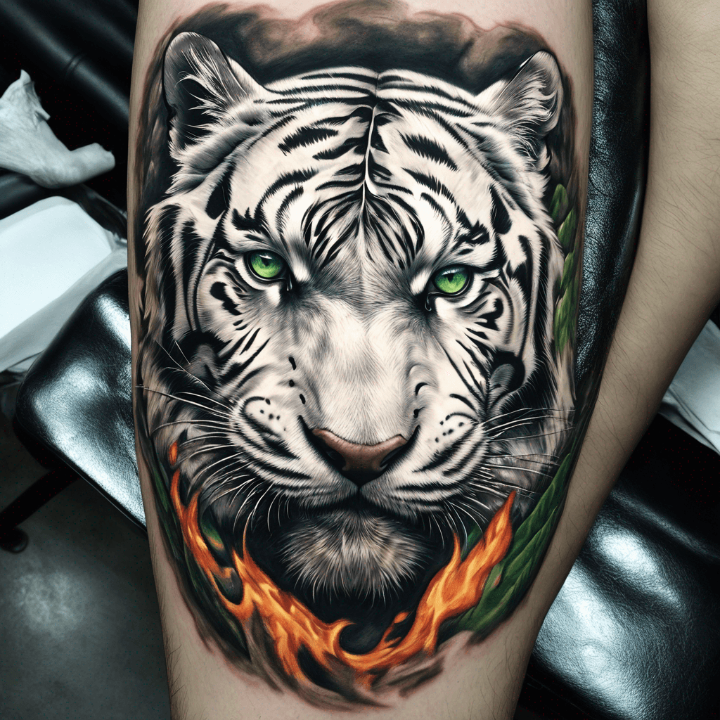 white tiger,full body with water ,fire ,green eyes