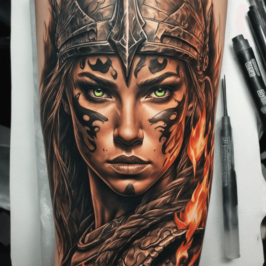 Warrior. with water ,fire ,green eyes