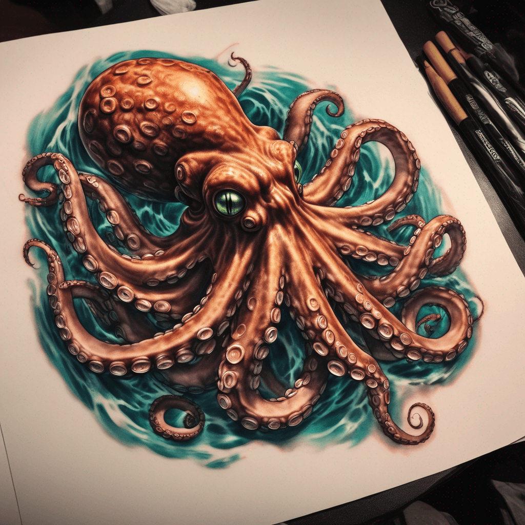 Octopus. with arms Spread out water ,fire ,green eyes, Sailing ship