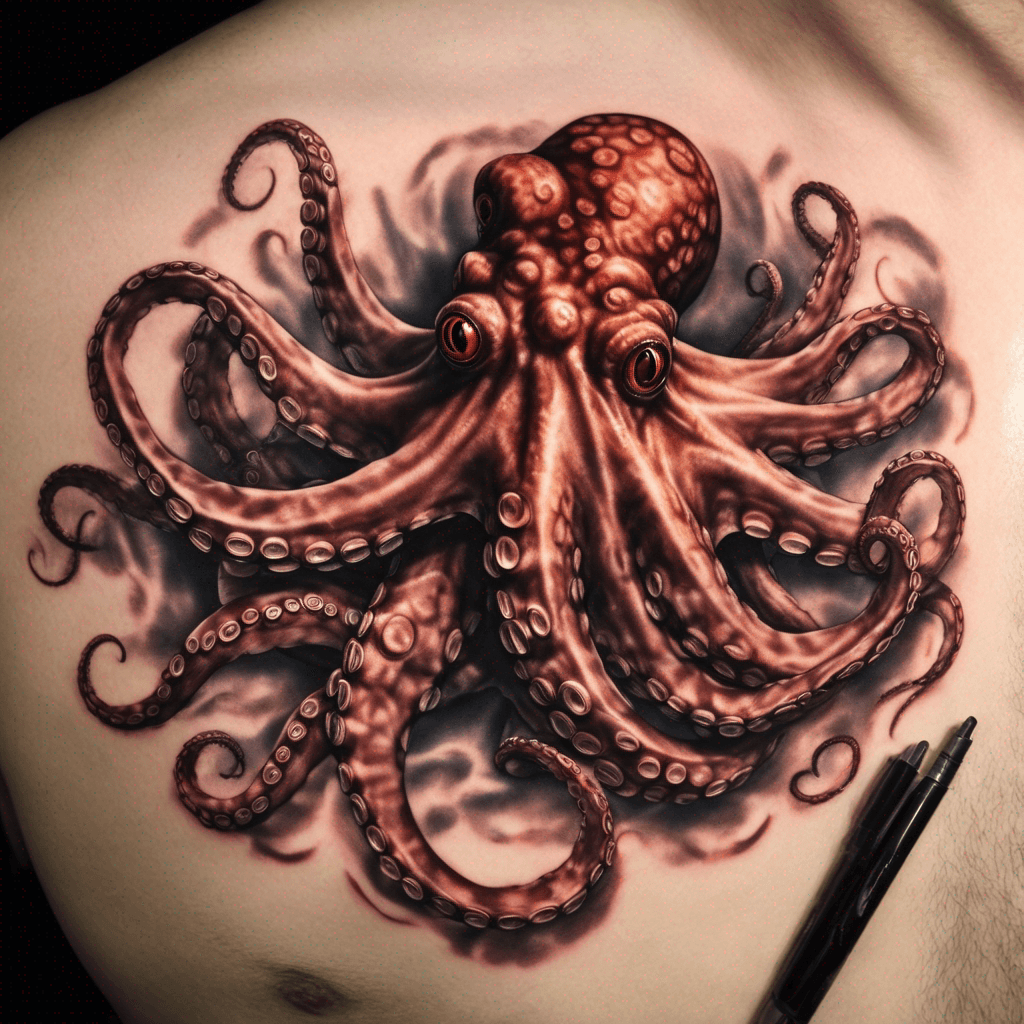 Focus on large Octopus with red eyes long Tentacles extended, water. fire.