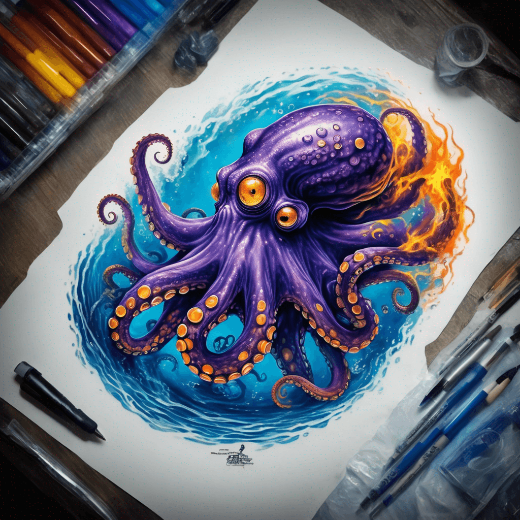 purple octopus, tentacles widely splayed, yellow suction dots along arms, bold clean lines, Fluorescent. Orange eyes subtle shading, compact tattoo design Swimming in. blue Ocean. water , fire