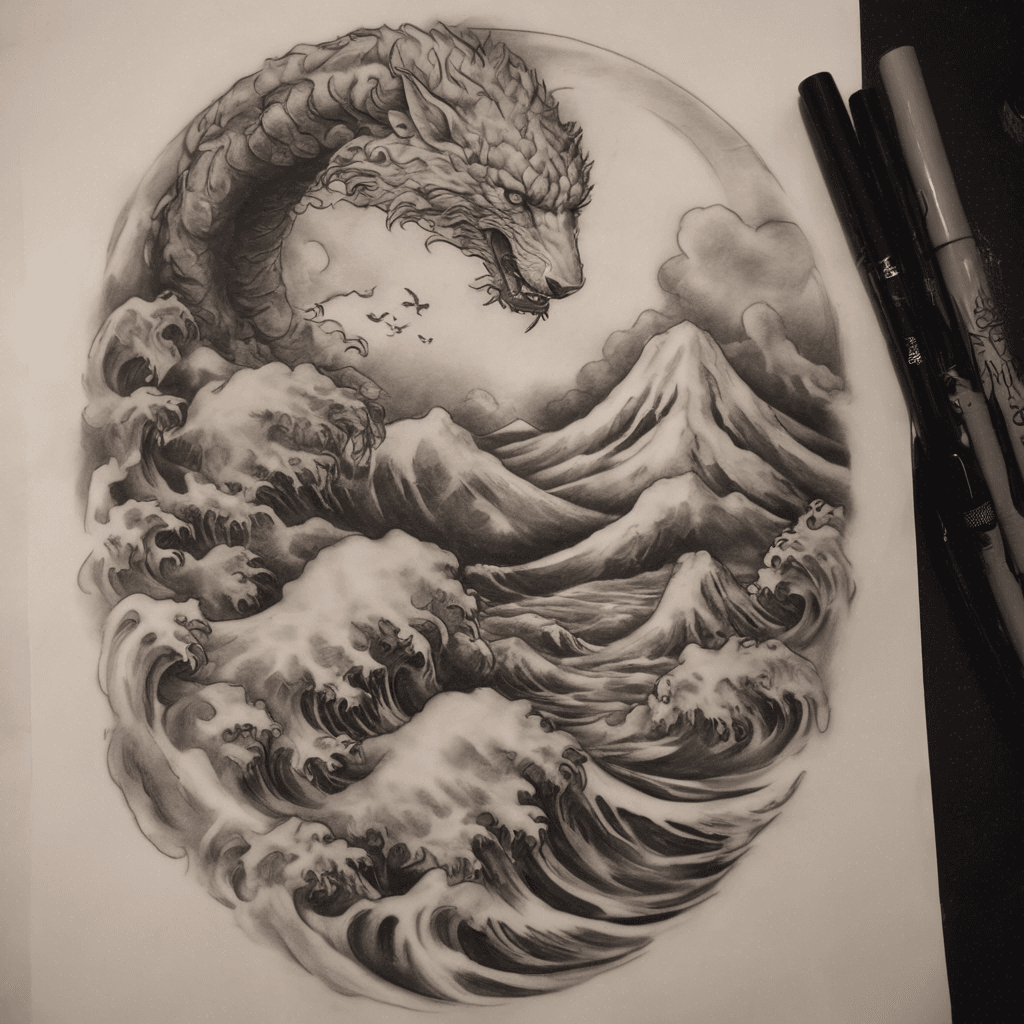 Hokusai woodblock print style, NOT realistic illustration, bold black ink only, thick outlines, simplified forms, king salmon body smooth-sided not heavily scaled, fish driving horizontally upstream not leaping, powerful determined movement, Ukiyo-e wave style with classic curling crest and deep black fill
