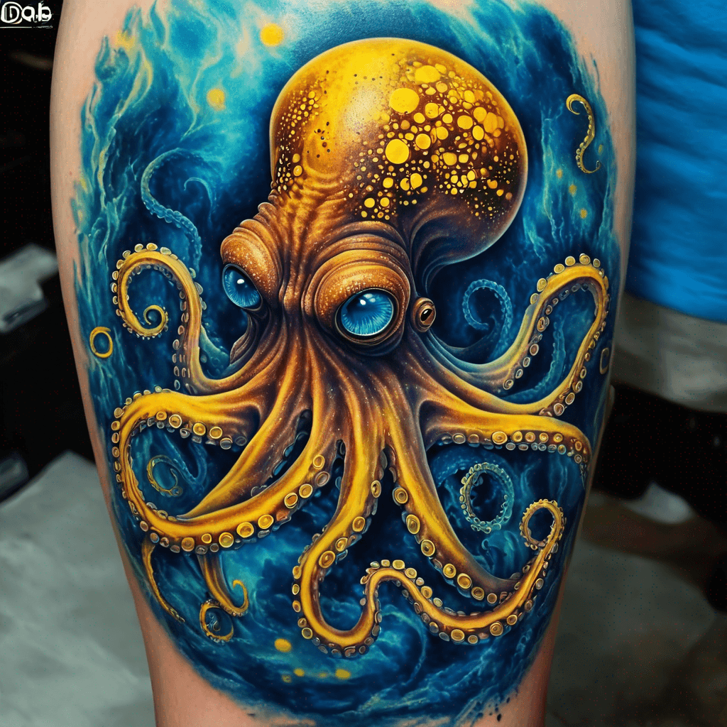 Blue and yellow dots. Octopus in the Blue Ocean. and little fire.