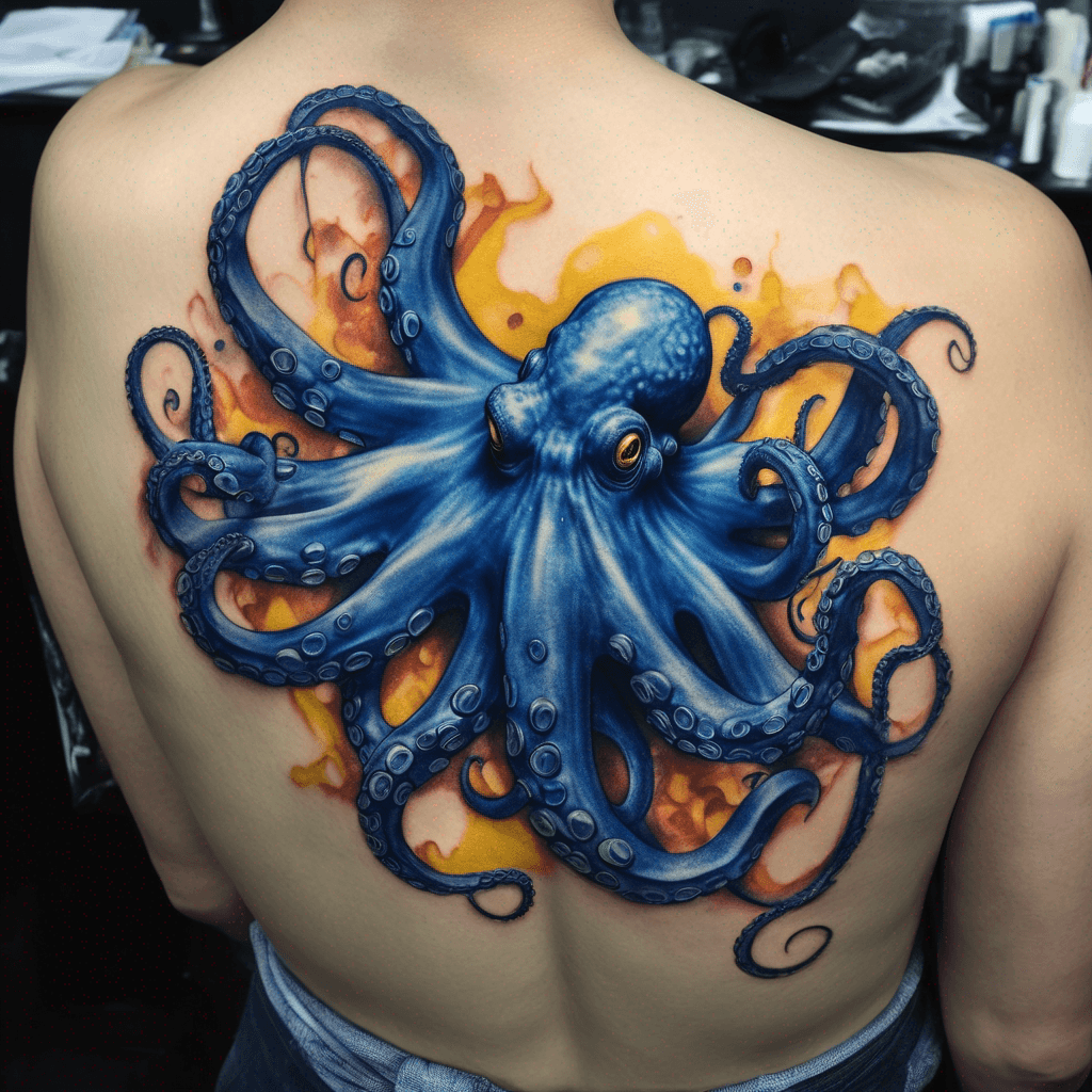 Blue and yellow dots. Octopus in the Blue Ocean. and little fire.