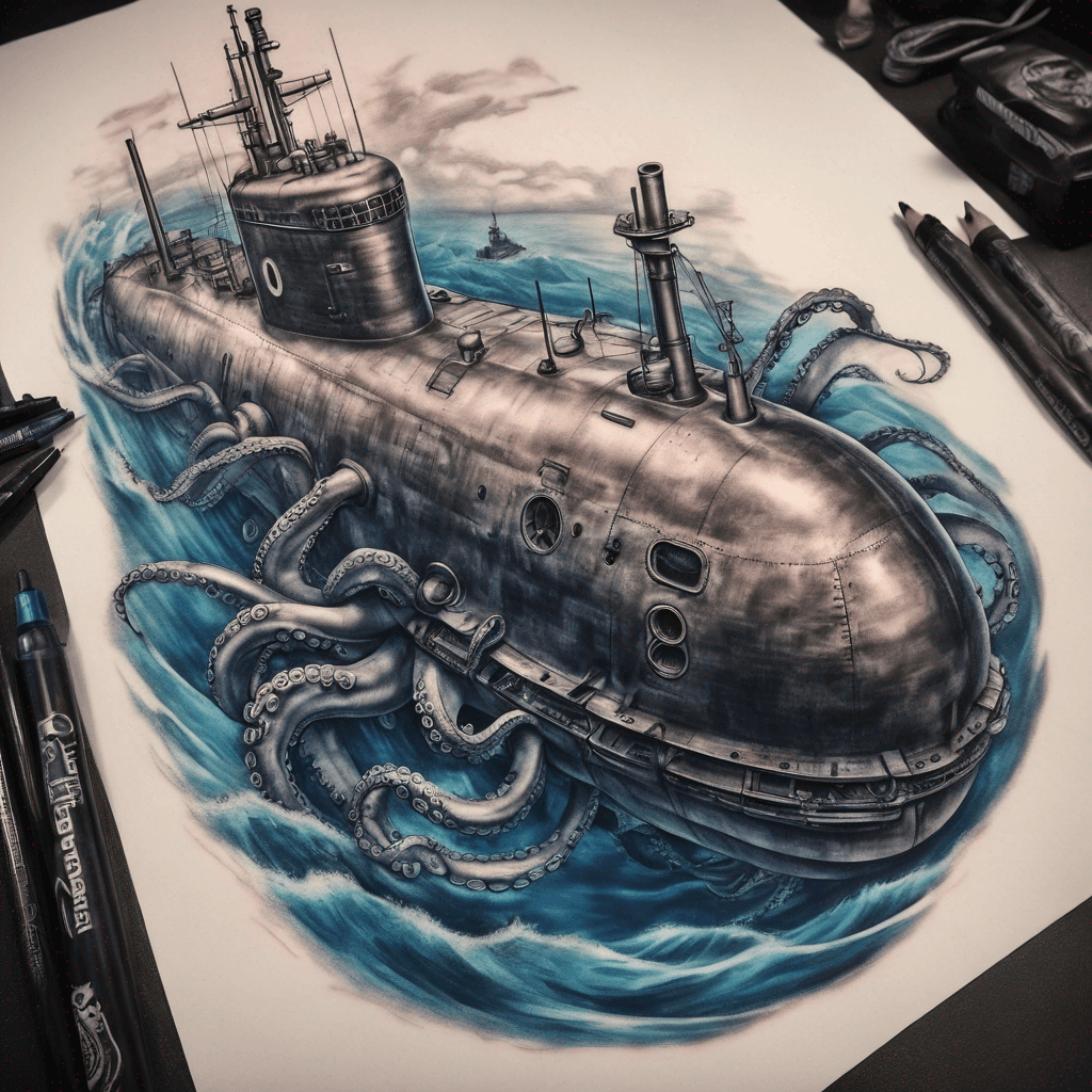 United States submarine. ocean, blue water. octopus.
