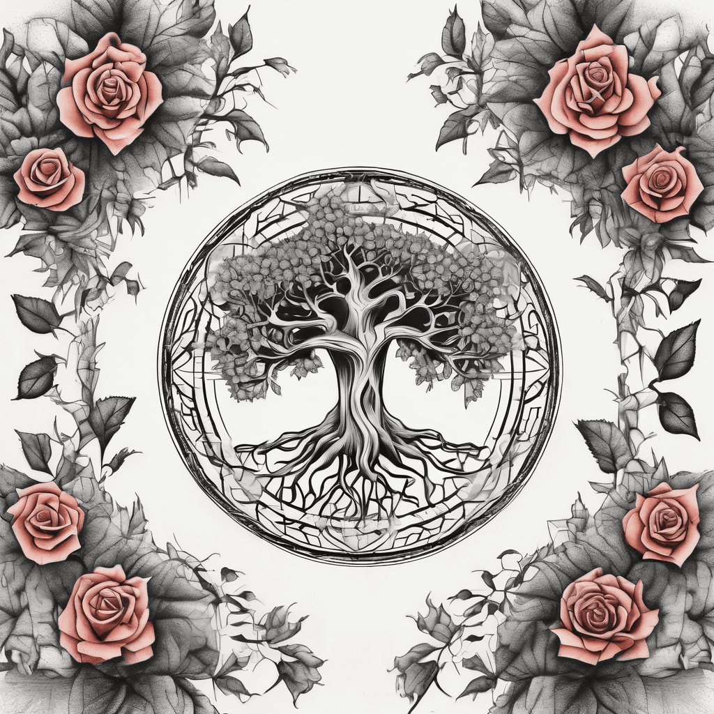 Tree of Life rising from Flower of Life mandala, fine-line symmetrical blackwork, dotwork shading, ornamental roots, negative-space accents