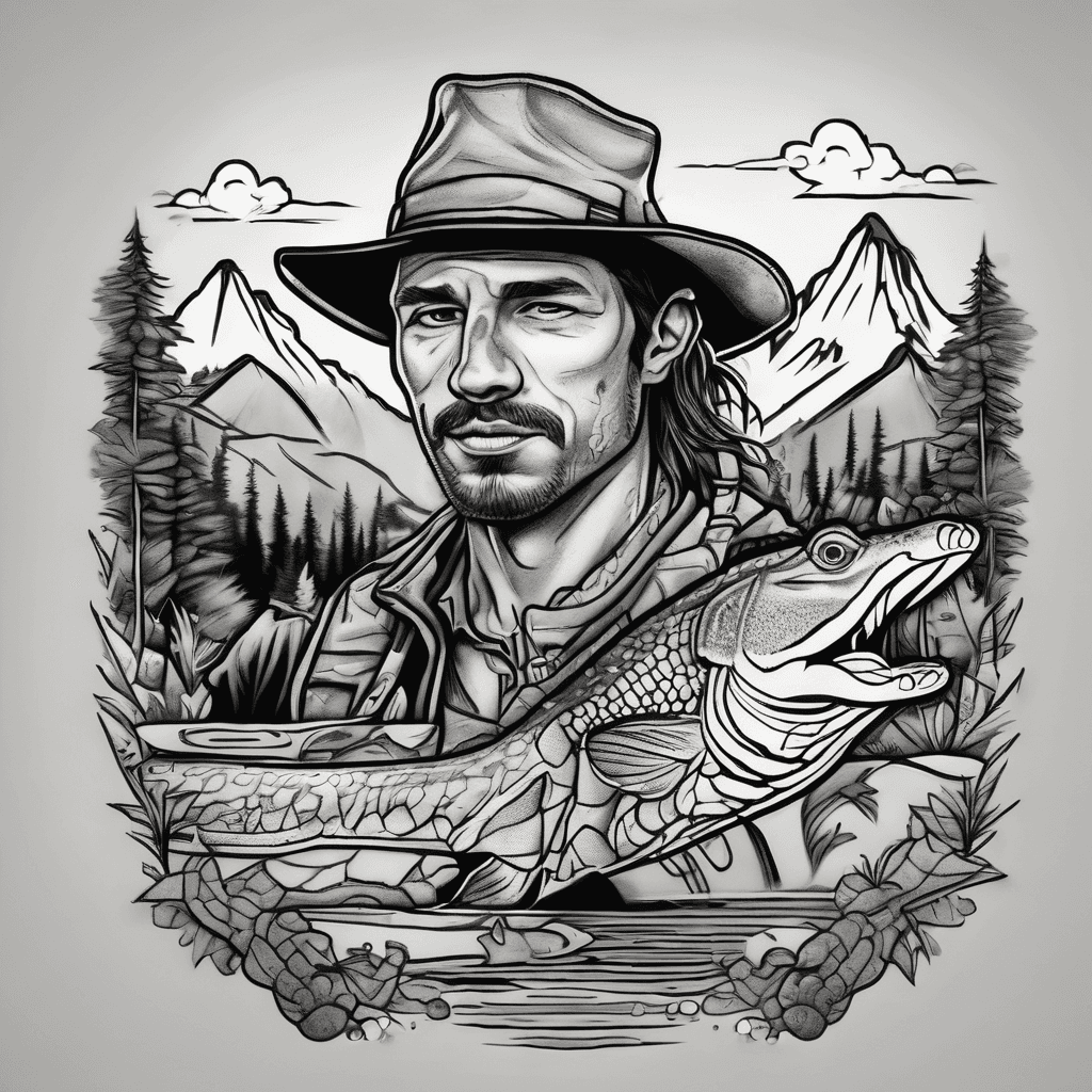Hiker tattoo, headshot of a character loosely based on 'Crocodile Dundee' but with the name 'Mick Trout' in the design. Include a fish, mountains and a lake and only show back of the head.
