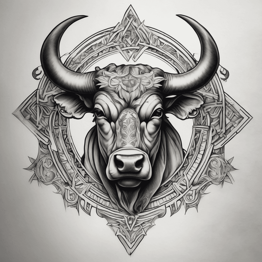 create a tattoo to be place slightly above a man's sternum which shows the star sign Taurus bull's head with both horns arching upwards to both sides of his neck, slightly above his collar line
