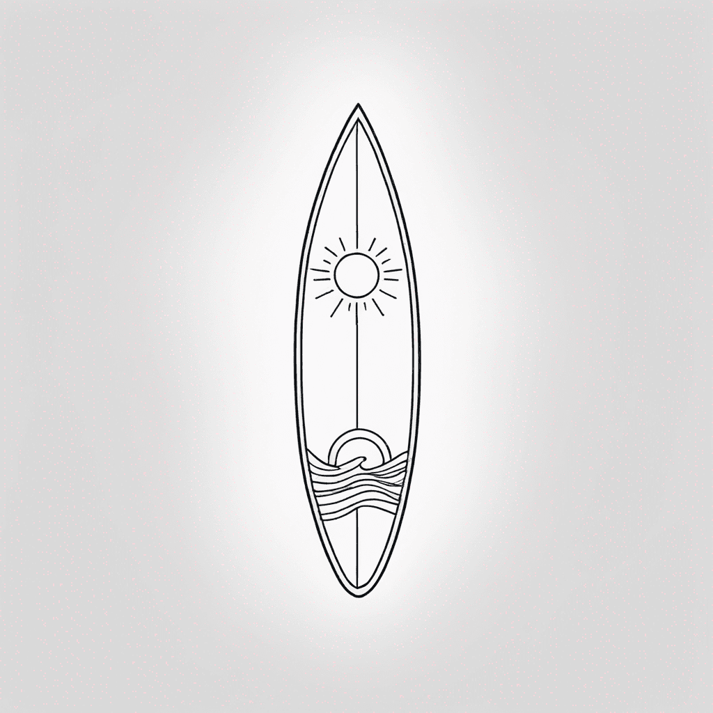 Minimalist surfboard tattoo, thin black line art, elongated surfboard shape, simple sun at top with clean rays, single curling wave below, smooth flowing lines, no shading, balanced negative space, fine line tattoo style, clean and modern
