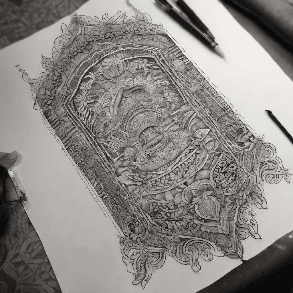 Blackwork tattoo band design, upper thigh wrap-around. Three sections: top and bottom borders are Tamil temple frieze pattern with repeating lotus arch and diamond cutouts. Middle section is a South Indian sikku kolam interlocking loop grid in negative space — solid black ink with skin showing through as the loops. Centre focal point is a Tamil Om (ஓம்) and Vel spear symbol inside a sun-halo circle medallion, spear tip breaking above the top border. No shading, no colour, bold clean lines, South Indian aesthetic.