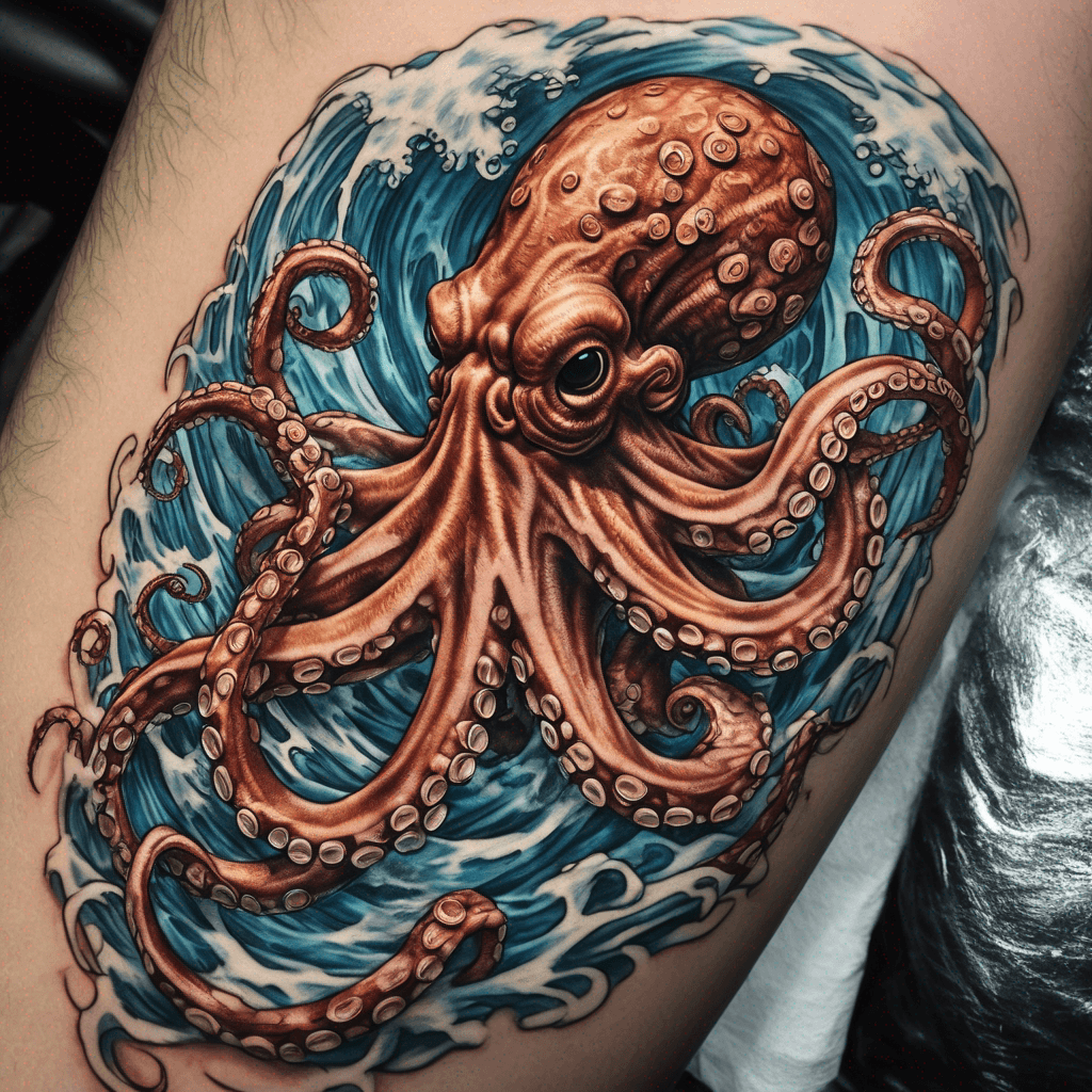 Vibrant neo-trad octopus must have clutching ornate trident amid crashing waves; multicolor, fine stippling, bold high-contrast, forearm-sized