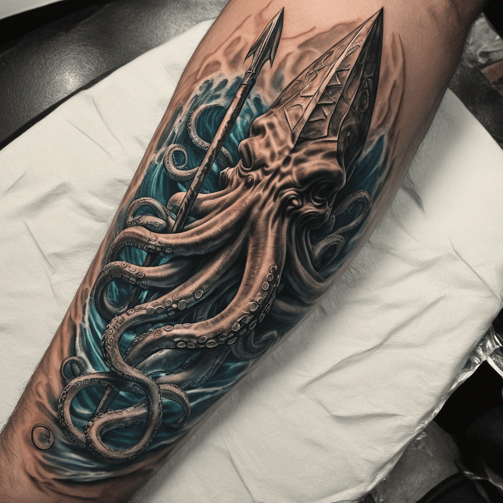 The Trident spear 3 pointed being held by an octopus in the ocean Surf