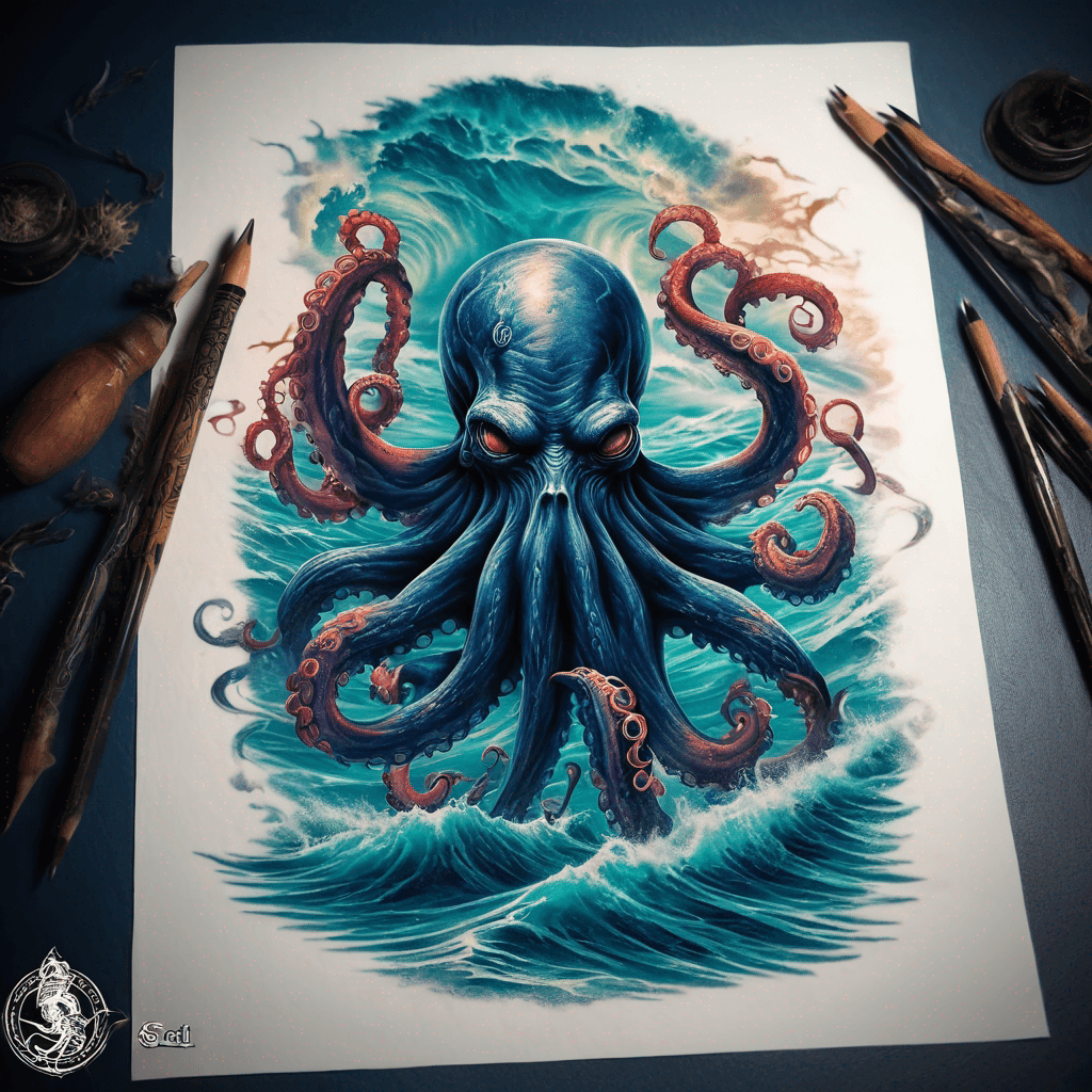 The Navy seal Trident 3 pointed spear being held by an octopus in the ocean Surf