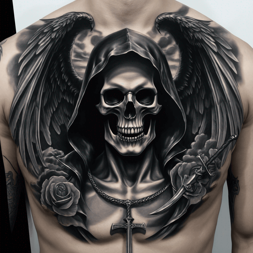 Black and grey realistic full chest tattoo, symmetrical design. Winged Grim Reaper with scythe at top, glowing halo and dark clouds. Gothic angels on both sides. “Memento Mori” text in gothic font. Open gates below leading to dark afterlife with light in distance. High contrast, clean linework, tattoo design, white background