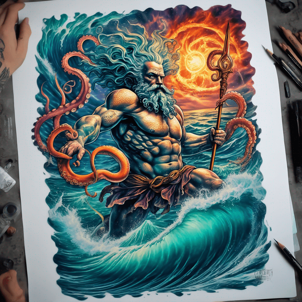 Neptune coming out of the surf with the Trident Spear fighting the octopus very colorful