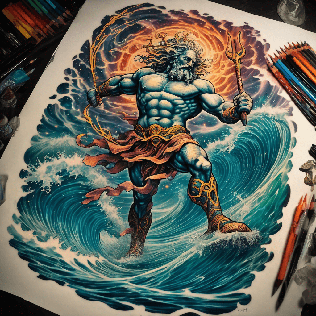 Neptune rising from surf with golden trident fighting dynamic waves, bold lines, & coral And full three pointed Trident tip Just top half of his body Multi color