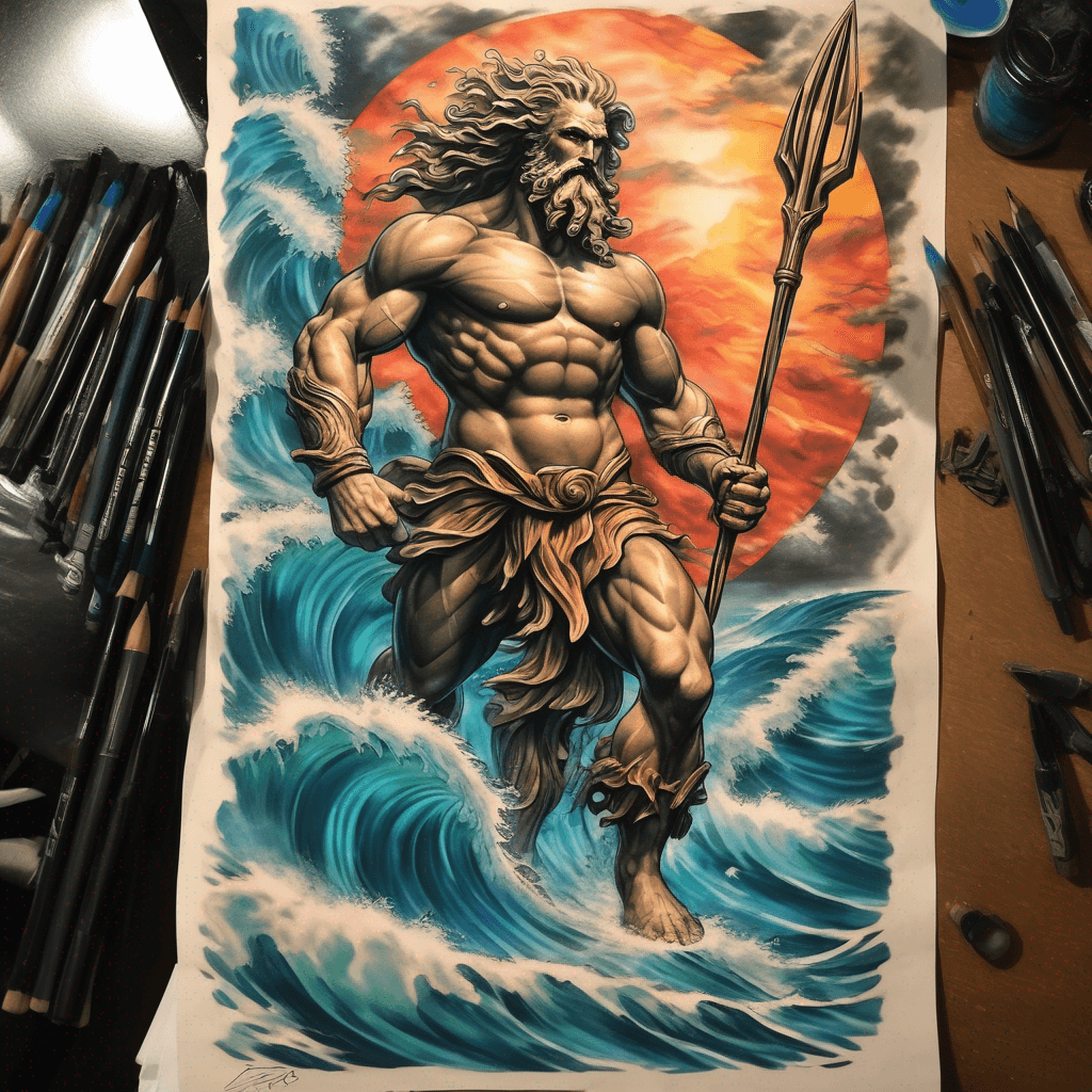 Neptune rising from surf with golden trident fighting dynamic waves, bold lines, & coral And full three pointed Trident tip Just top half of his body Multi color darker colors Darker colors more Riding Submarine