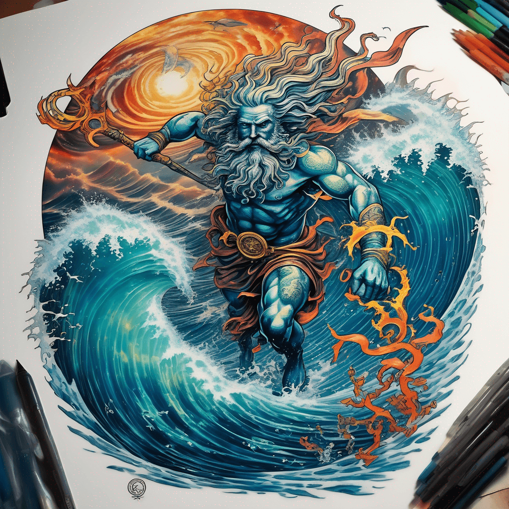 Neptune rising from surf with golden trident fighting dynamic waves, bold lines, & coral And full three pointed Trident tip Just top half of his body Multi color darker colors Darker colors more Riding Submarine