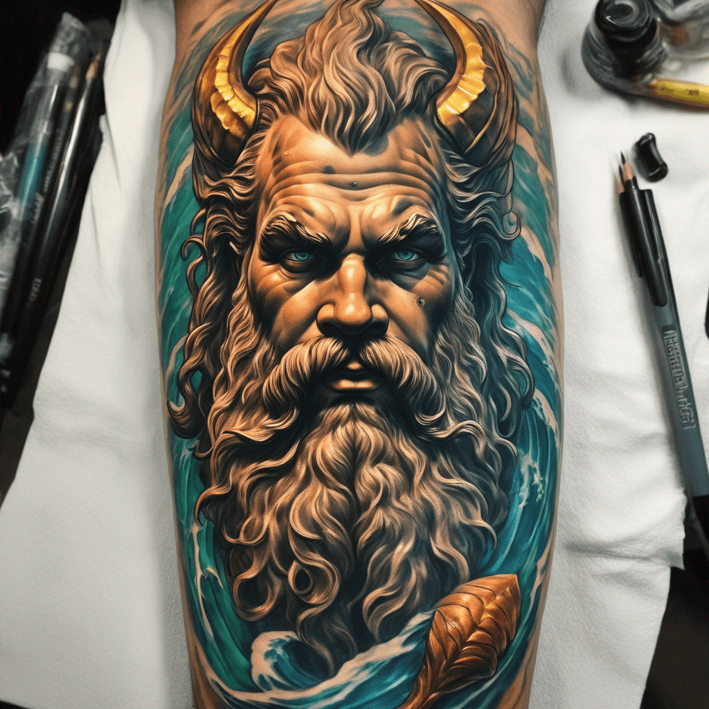 King Neptune in his surf with a golden trident spear brilliant color Brewing color