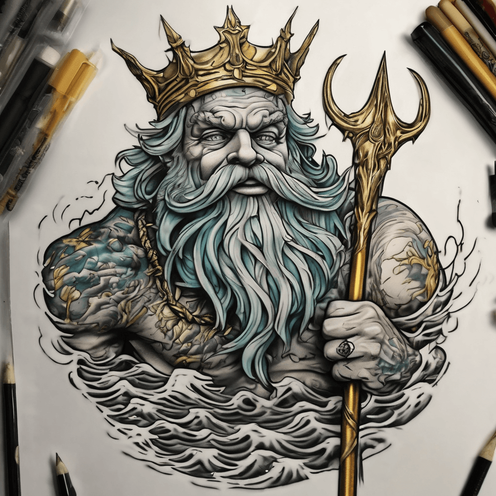 King Neptune in his surf with a golden trident spear brilliant color Brewing color 1/2 Chest tattoo