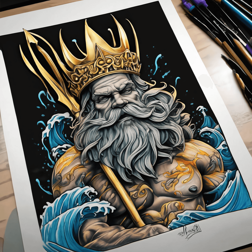 King Neptune in his surf with a golden trident spear brilliant color Brewing color 1/2 Chest tattoo