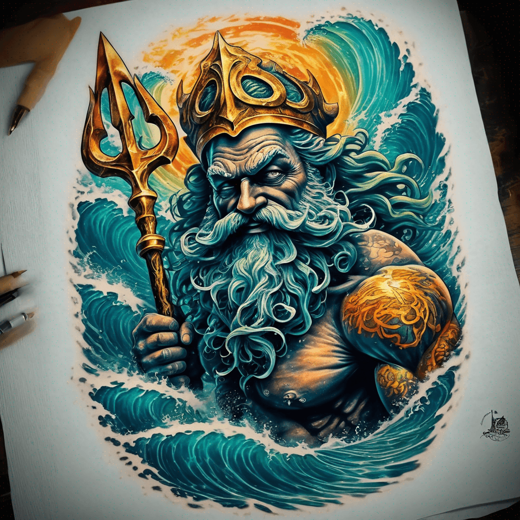 King Neptune in his surf with a golden trident spear brilliant color Brewing color 1/2 Chest tattoo