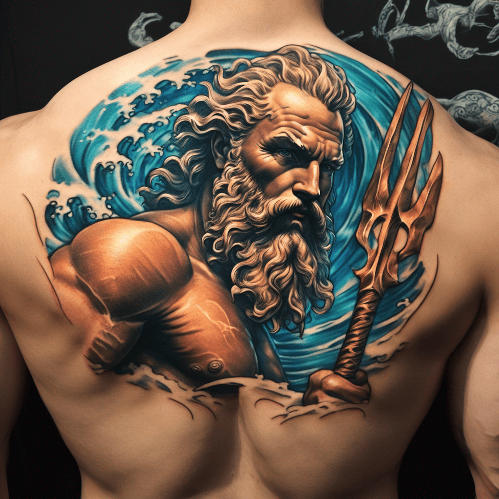 Neptune in the surf with a golden trident spear brilliant color Brewing color 1/2 Chest tattoo