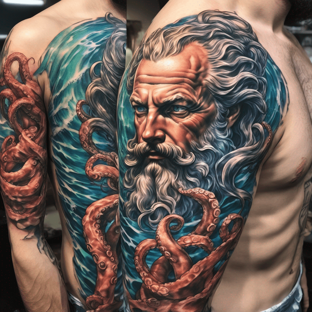 Neptune coming out of the ocean Fighting a large octopus with this Trident Speer Multi color