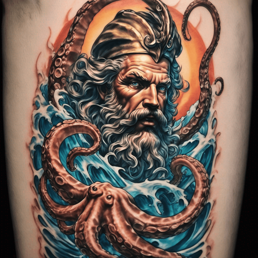 Neptune coming out of the ocean Fighting a large octopus with this Trident Speer Multi color