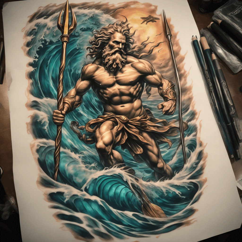 Neptune coming out of the ocean Fighting a large kraken with his Gold Trident Spear Multi color