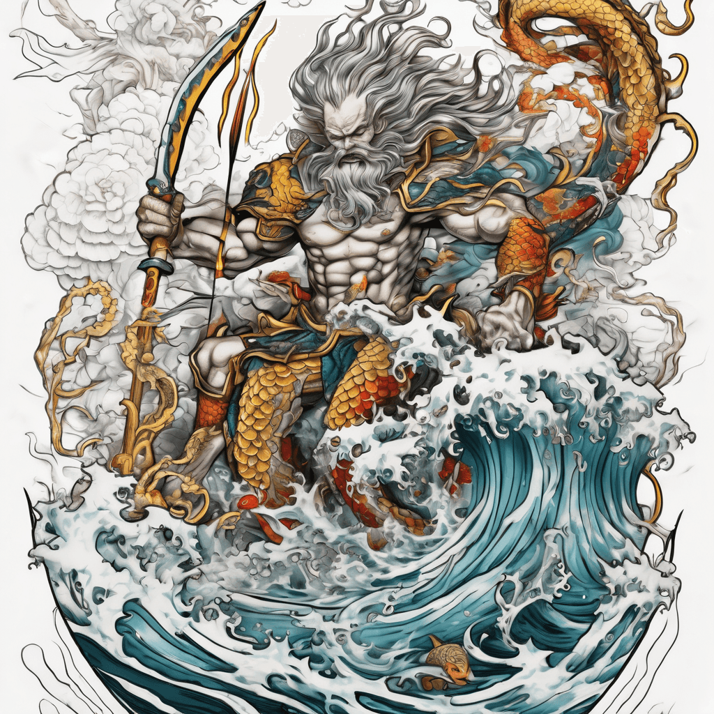 Lot of color Neptune Half body coming out of the ocean Fighting a large Octopus with his Gold Trident Spear Multi color