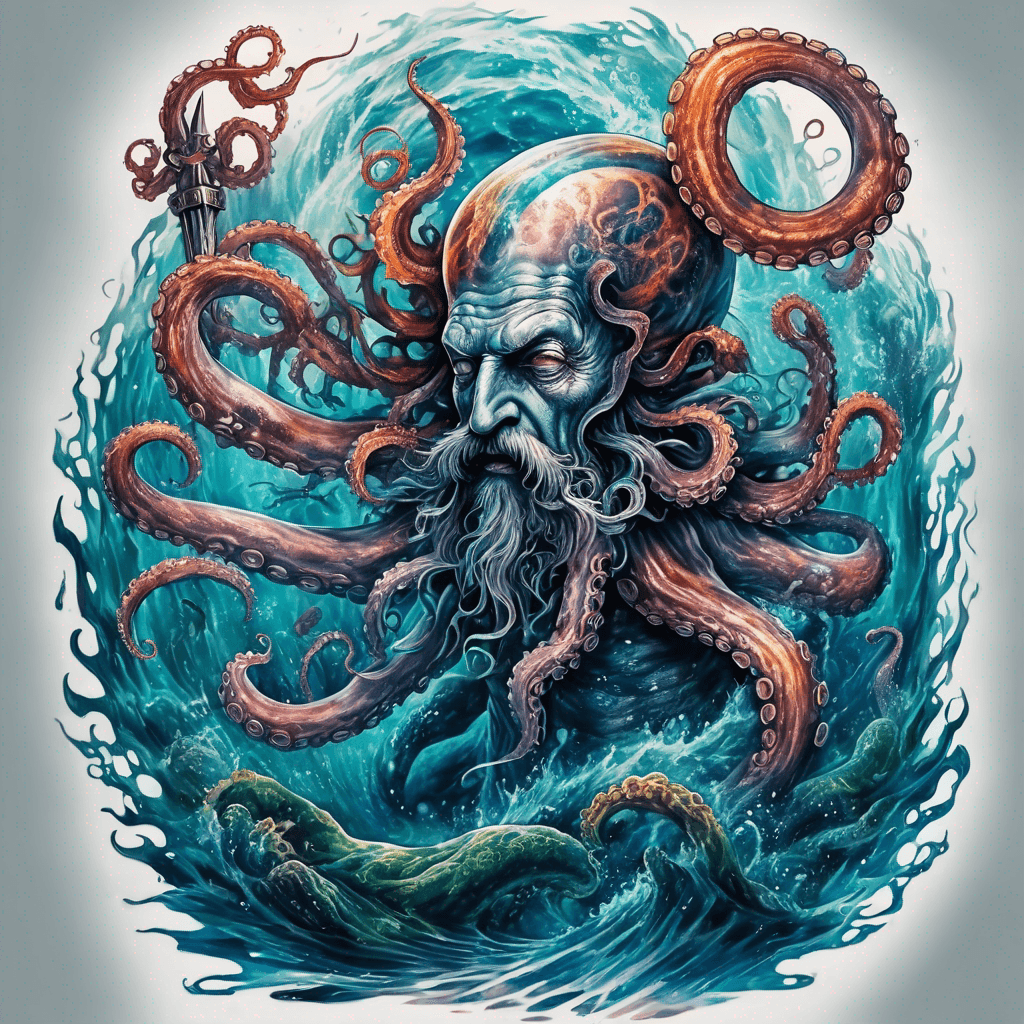 Completely Underwater Half Body Neptune fighting large octopus multicolor with Highlighting the trident spear