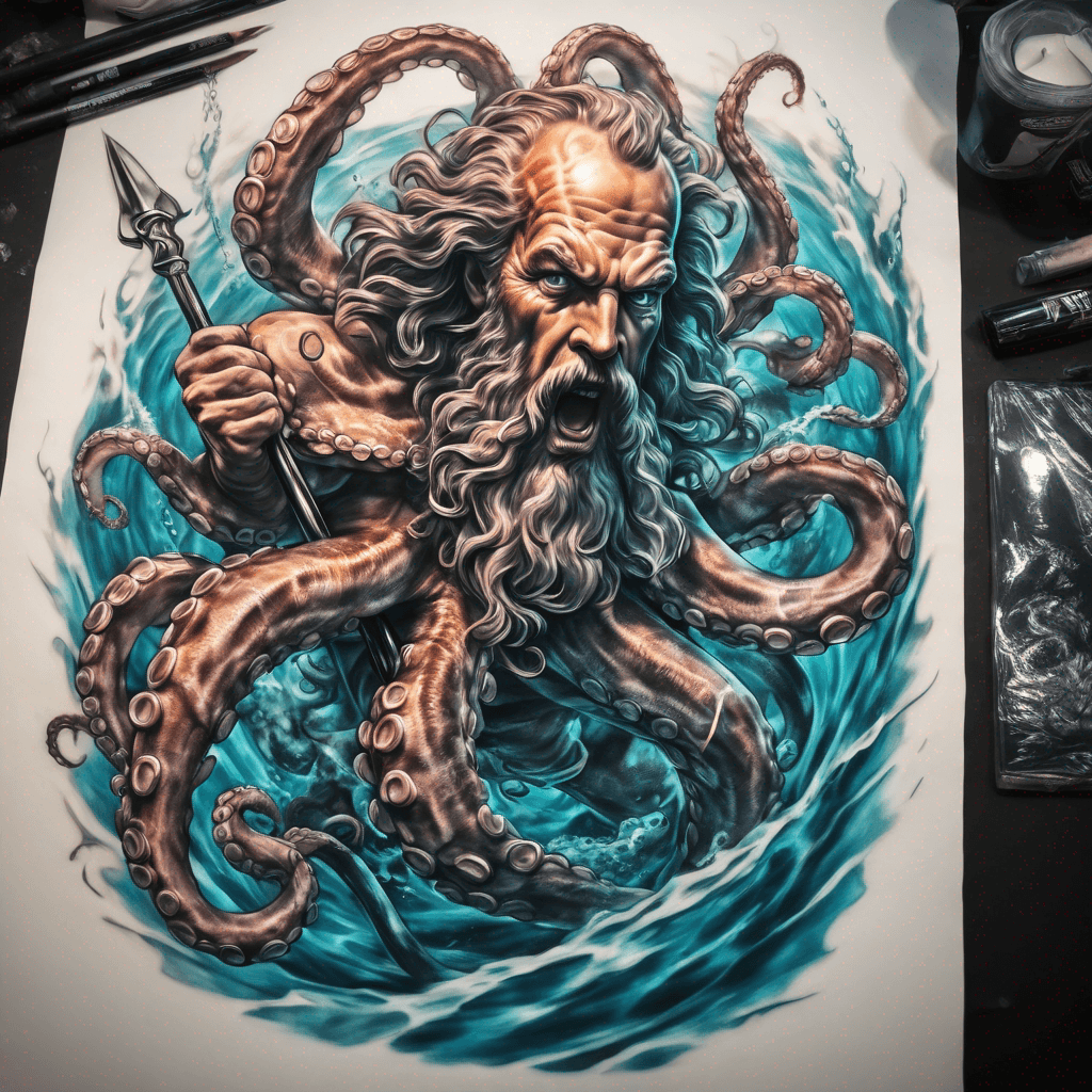 Completely Underwater full Body Neptune fighting large octopus multicolor with Highlighting the trident spear