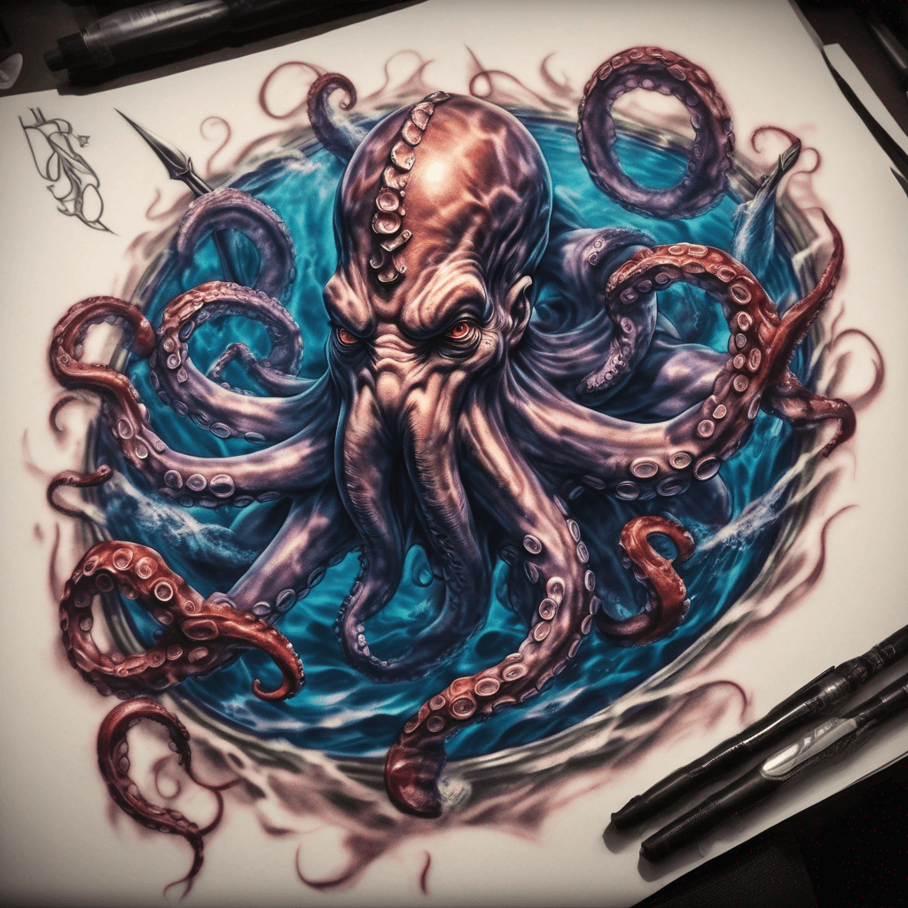 Make sure the Trident Spears in there 3POINTED Completely Underwater full Body of Neptune As a focal point fighting large octopus Cold octopus black blue and purple With red suction cups multicolor with Highlighting the trident spear
